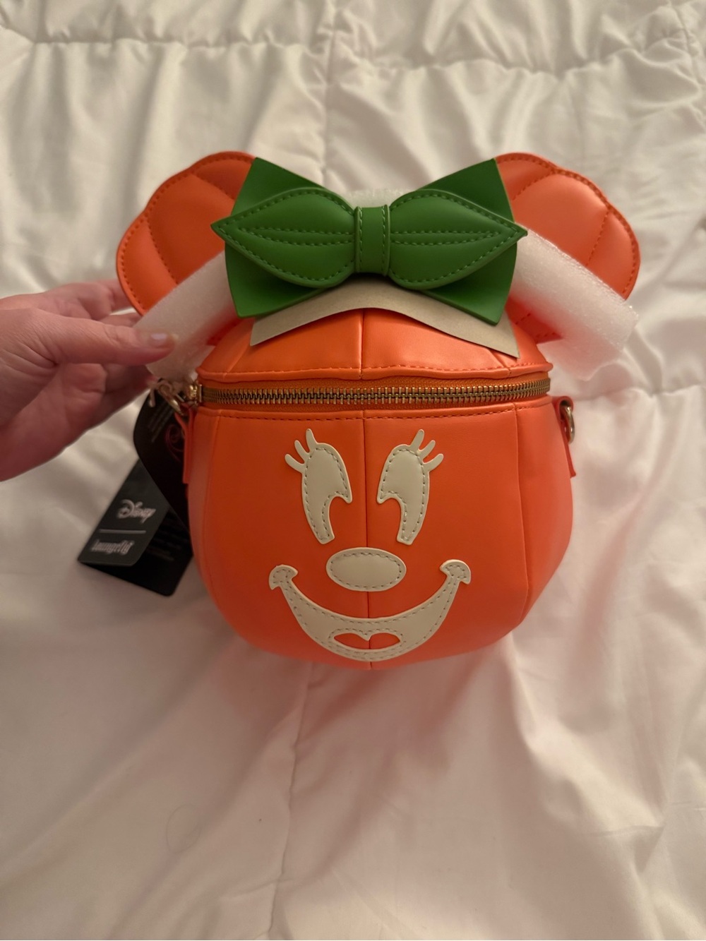 Loungefly Orange Minnie Pumpkin Crossbody Bag with Green Bow